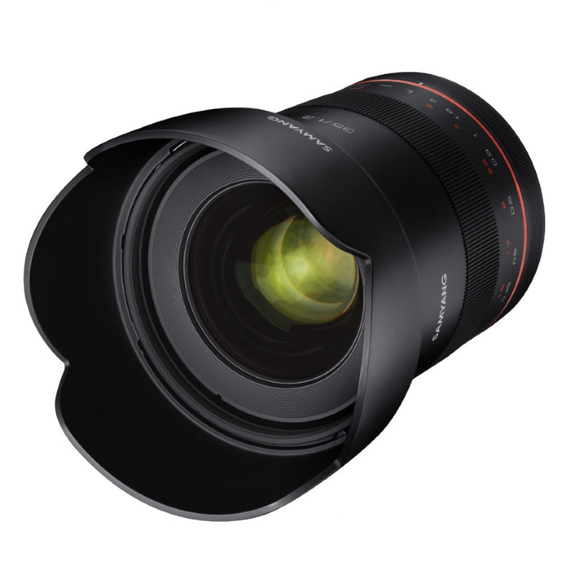 Samyang XP 35mm F1.2 Canon EF Lens - front view with lens hood