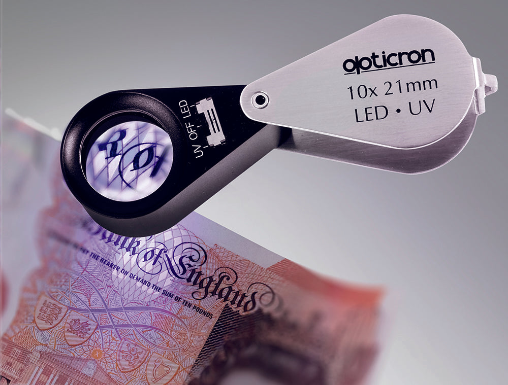 Opticron Folding Metal Loupe Magnifier with LED and UV Light 10x 21mm- in action