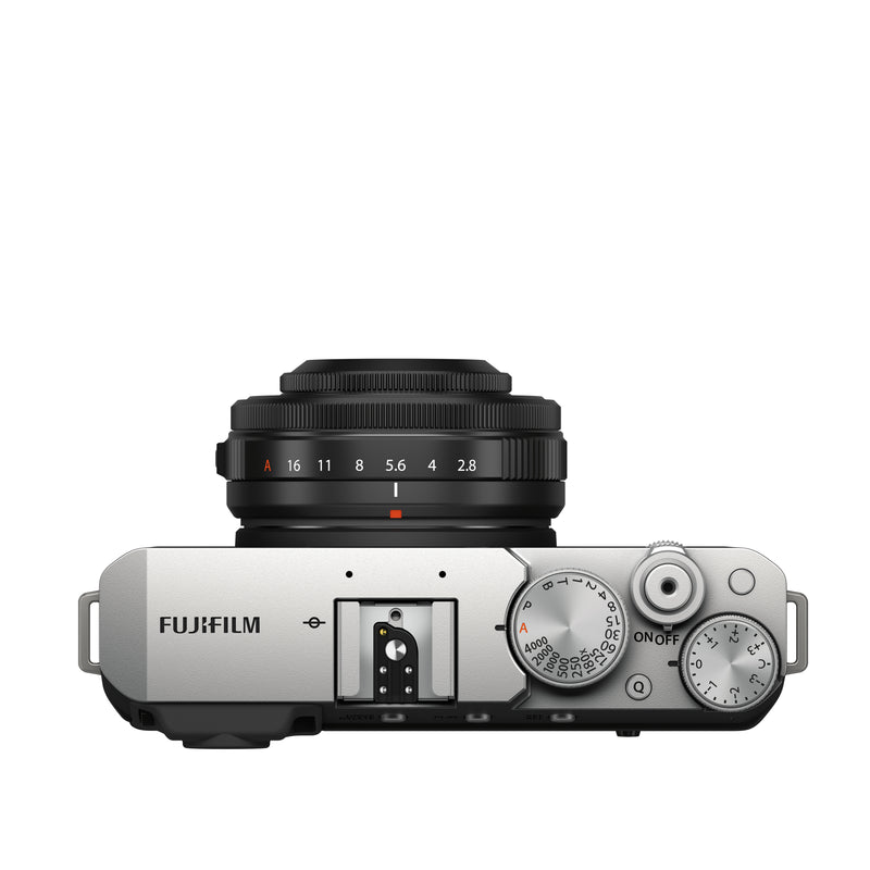 Fujifilm X-E4 Camera in black and silver with lens - top view