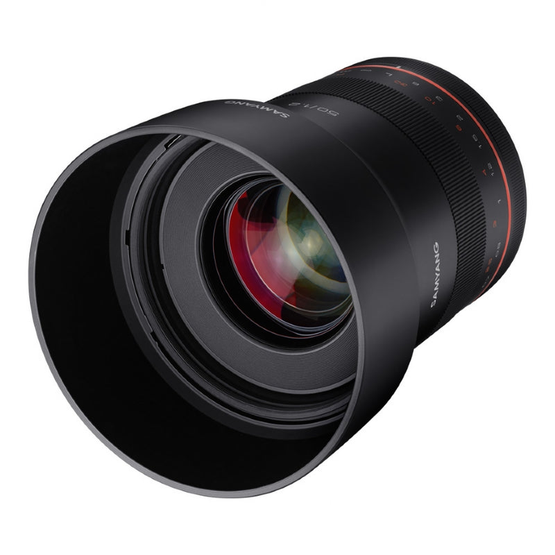 Samyang XP 50mm F1.2 lens for Canon EF - front view with lens hood