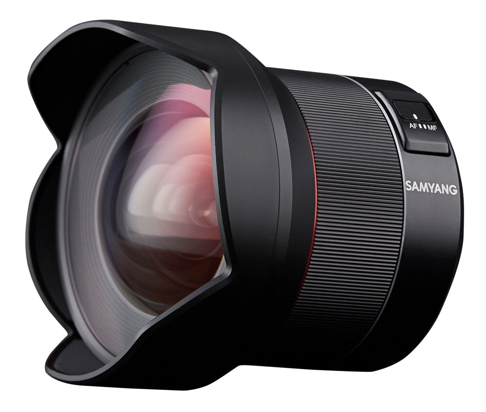 Samyang AF 14mm F2.8 NIKON F Mount Lens  - tilted side view 