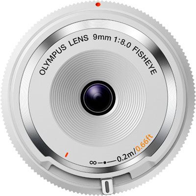 Olympus Body Cap Lens 9mm 1:8.0 fisheye - silver - front view