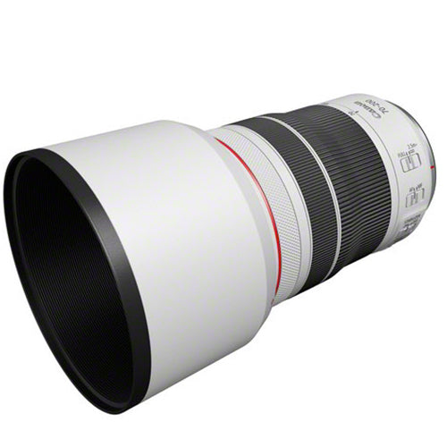 Canon RF 70-200mm F4L IS USM lens side view with lens hood