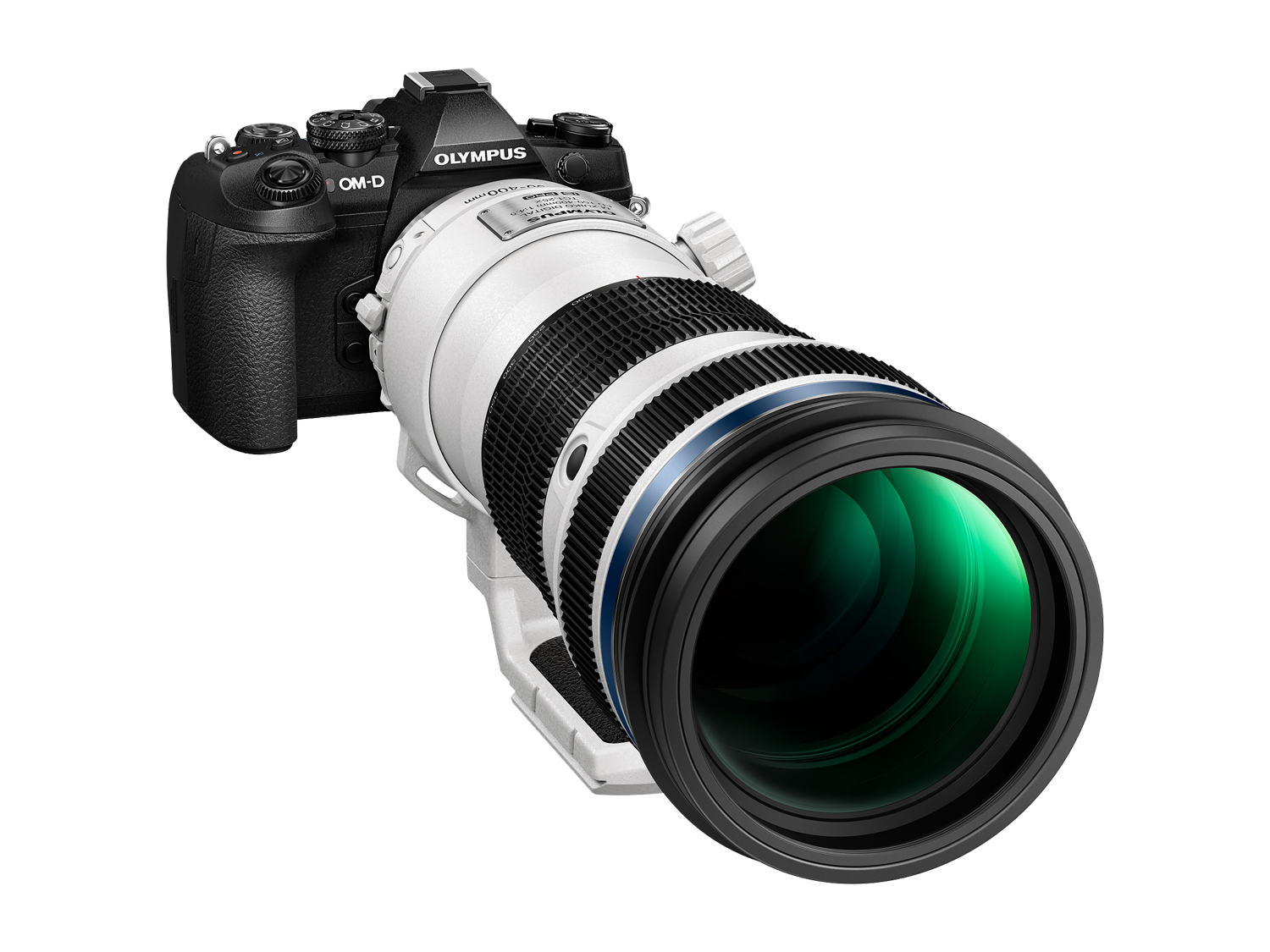 Olympus M.ZUIKO DIGITAL ED 150‑400mm F4.5 TC1.25X IS PRO - white - shown on Olympus OM-D - front view