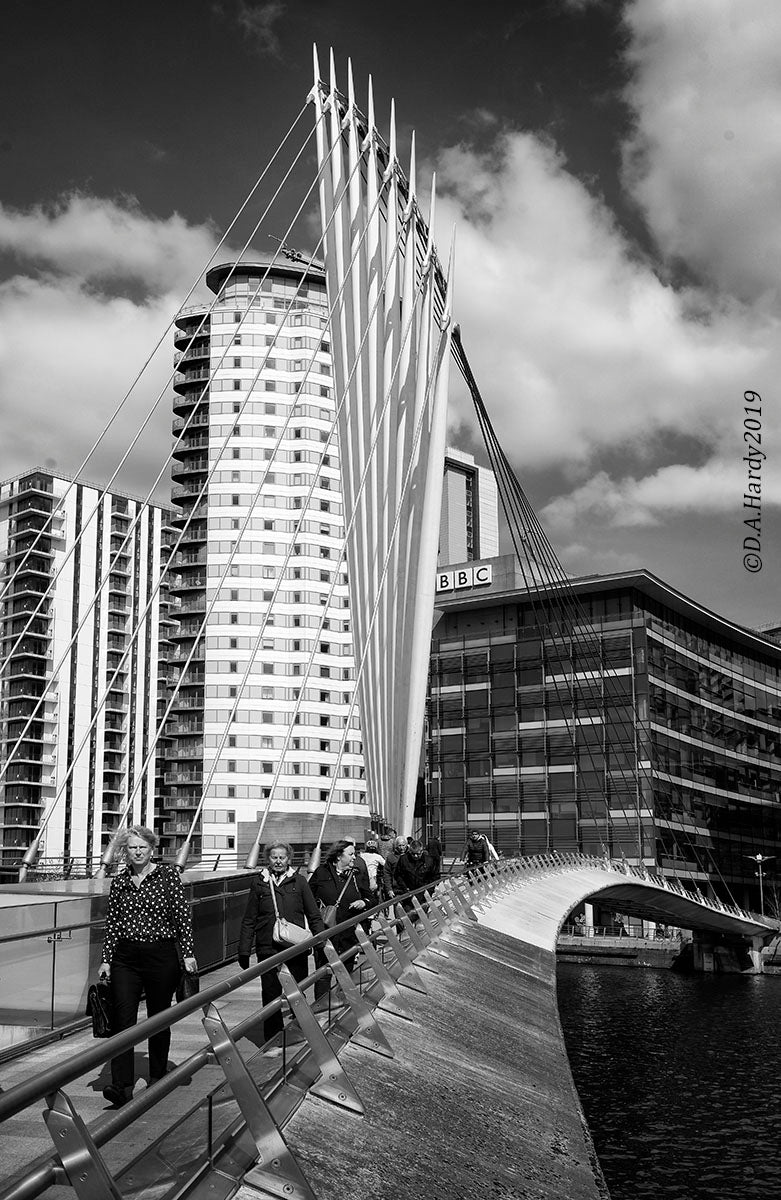 Black and white photo of BBC building from bridge