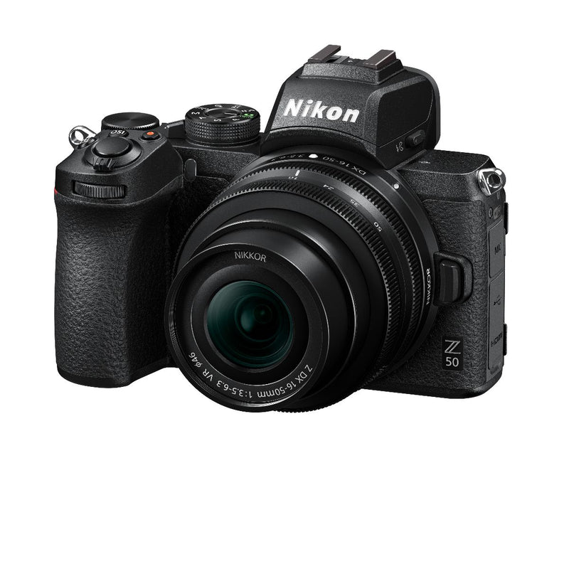 Nikon Z50 camera 16-50mm lens  - tilted front view 