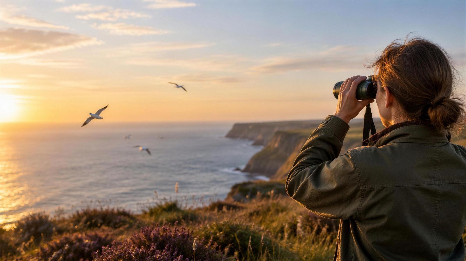 Birdwatcher with binoculars on a Yorkshire clifftop at sunset
